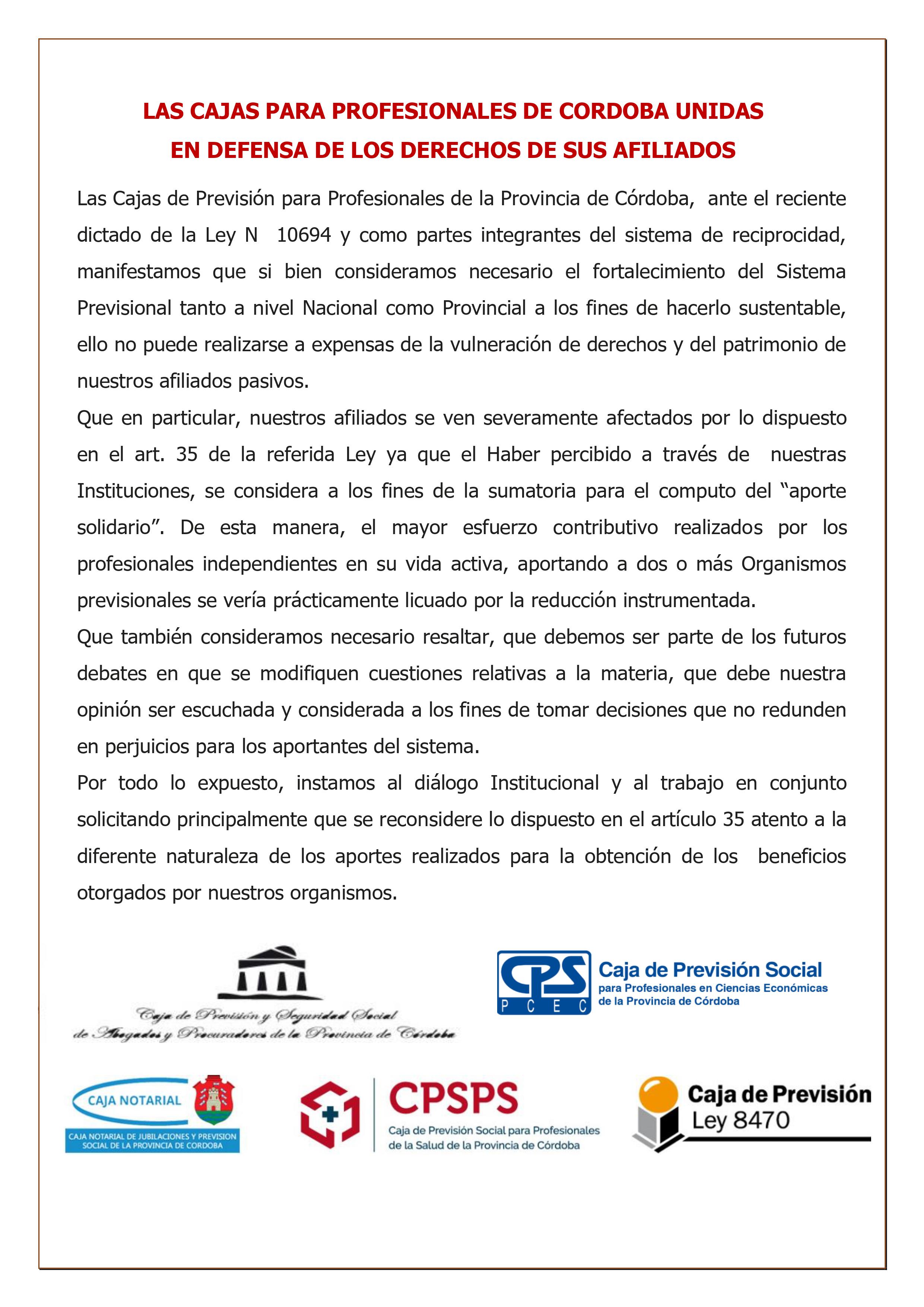 Manifiesto conjunto: Cajas para Profesionales de Crdoba unidas en defensa de los Derechos de sus Afiliados